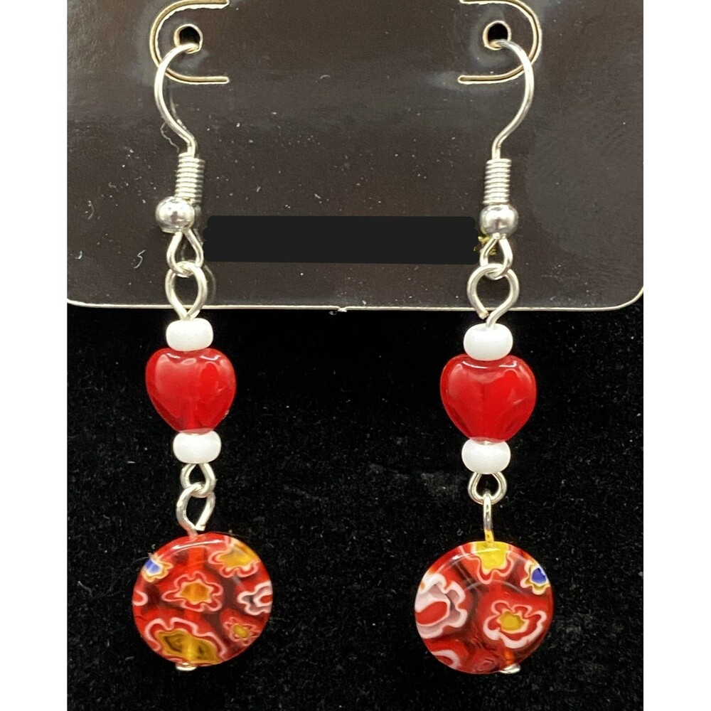 Handmade Red Heart with Millefiori & White Glass Bead Earrings by Neanie-Bot